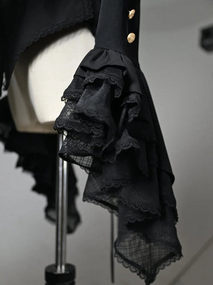 Black Jabot Ruffled High Neck High-low Hem Long Sleeves Shirt