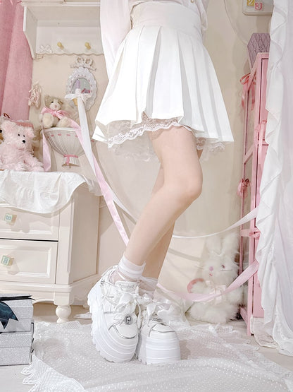 Jirai Kei White Rhinestone Platform Shoes with Detachable Beaded Chain