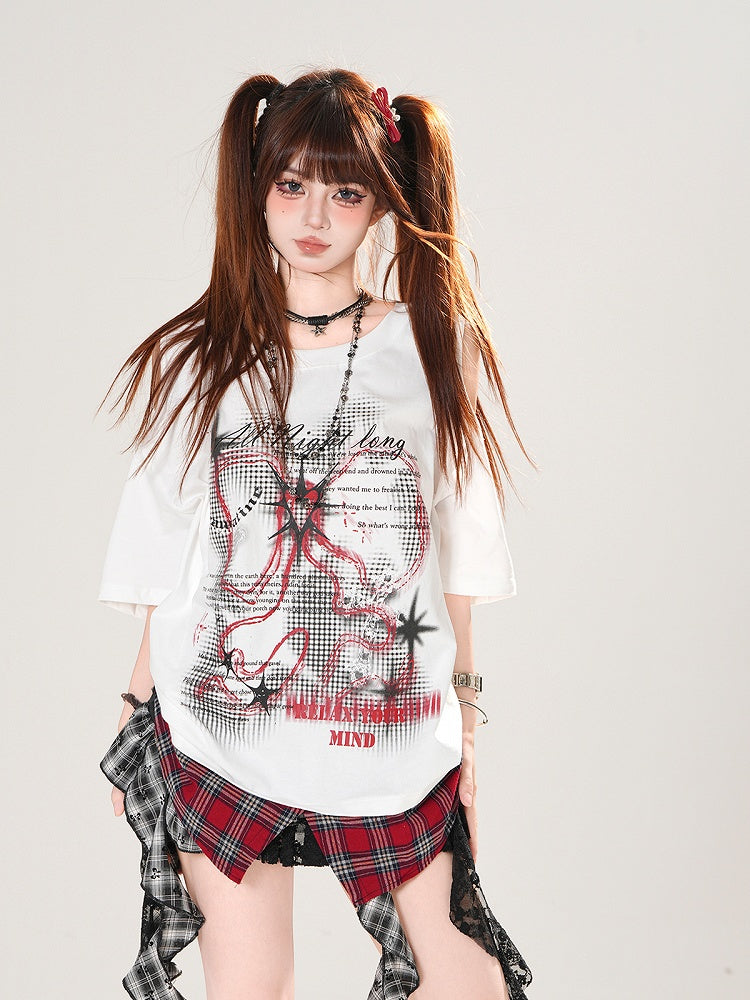 Plaid Hem Cutout Shoulder Black/White Graphic T-shirt