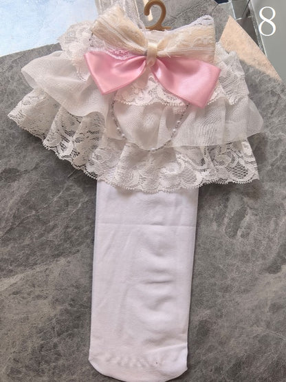 14 Options Black/White Lolita Calf Socks With Bowknot Details And White Lace Cuffs