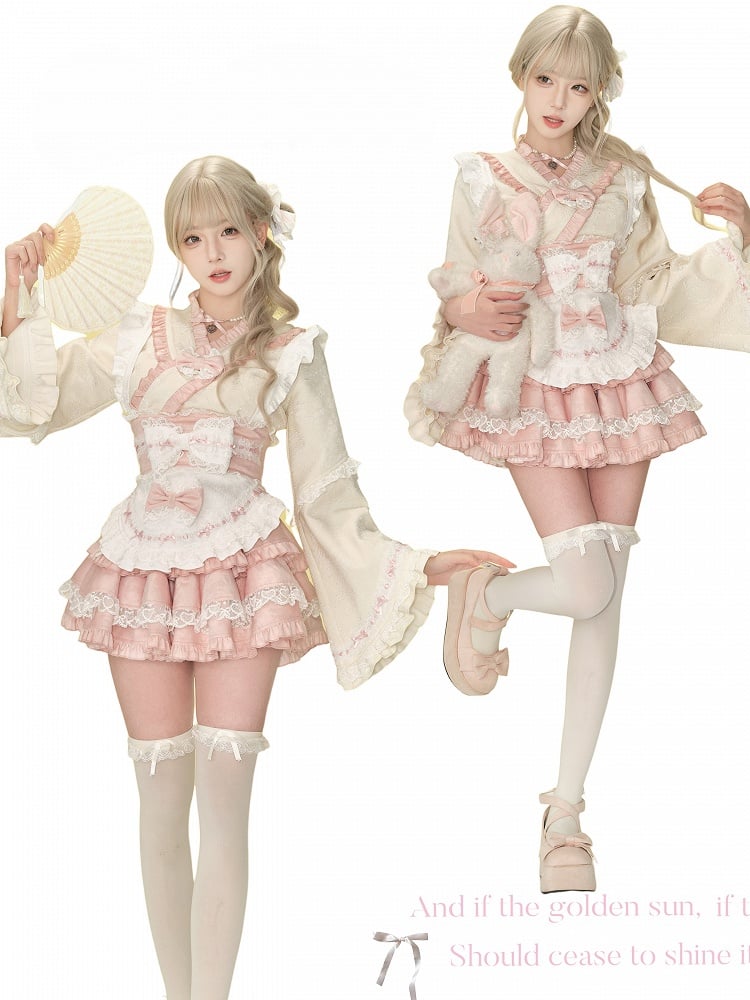 Pink & White Sash Apron with Lace Trim and Bow Accents