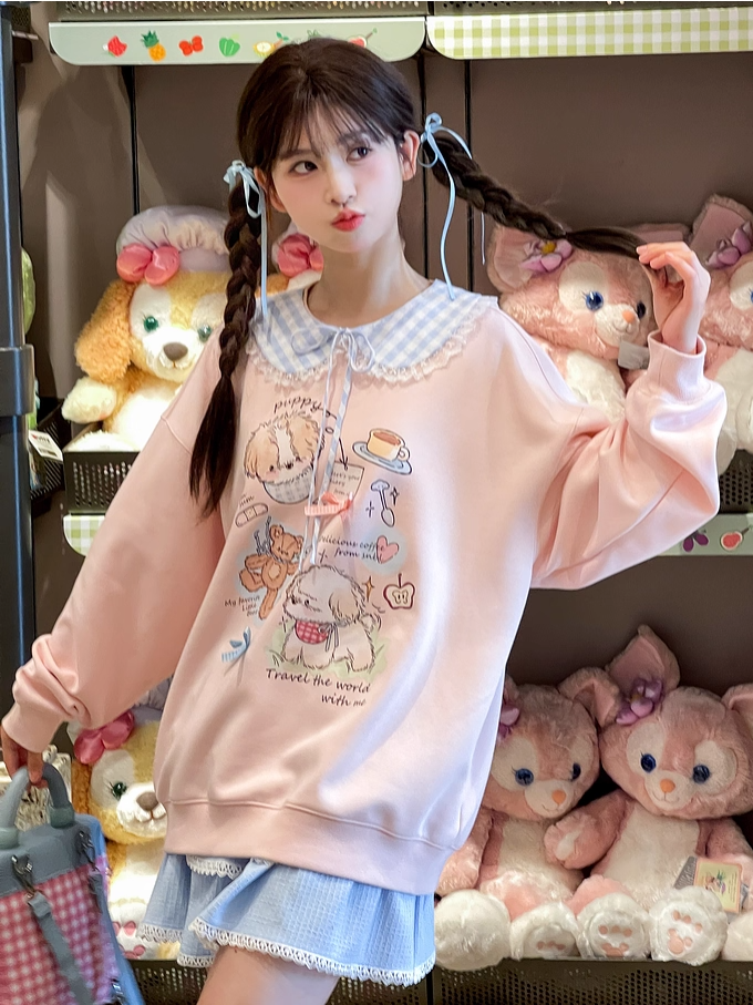 Adorable Cartoon Puppy Print Pink Round Neck Loose Sweatshirt