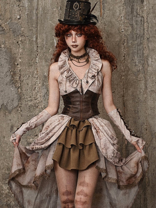 Brown PU Corset Waist Flounce Neckline Sleeveless Top