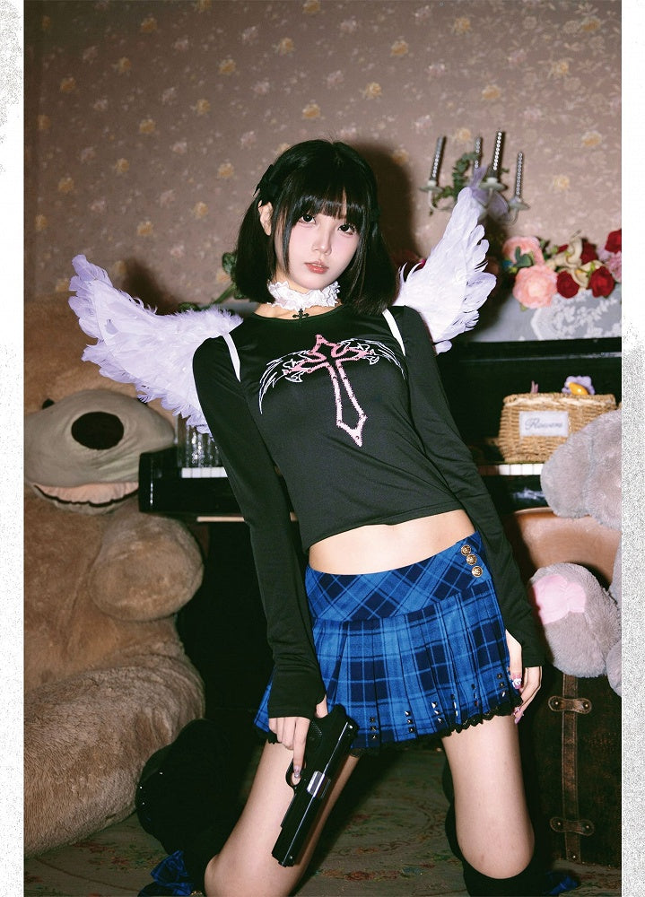 Punk Navy Blue Plaid Studs Detail Lace Trim Y2K Mini Pleated Skirt