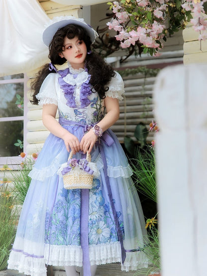 Plus Sizes Available Floral Print Under Bust Elegant Classic Lolita Jumper Skirt