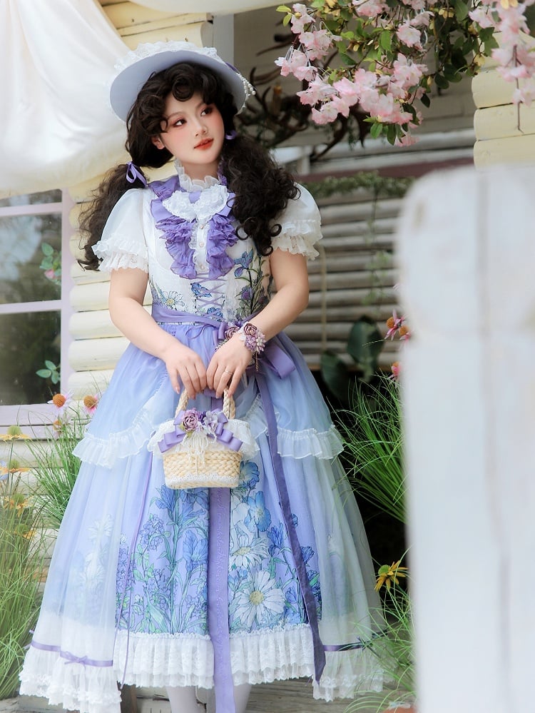 Plus Sizes Available Floral Print Under Bust Elegant Classic Lolita Jumper Skirt