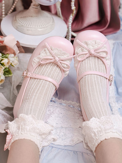Pink Knotted Bow Accent Lace Trim 2.2CM/4.3CM Heels Round Toe Mary Janes