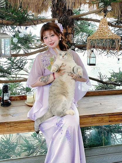 Plus Size Cheongsam Style Cape Design Purple Wisteria Print Qipao Dress