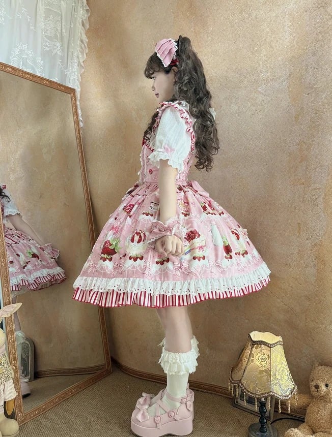 Bows and Strawberry Dessert Print Pink Sweet Lolita Jumper Skirt