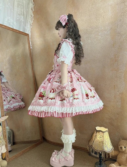 Bows and Strawberry Dessert Print Pink Sweet Lolita Jumper Skirt