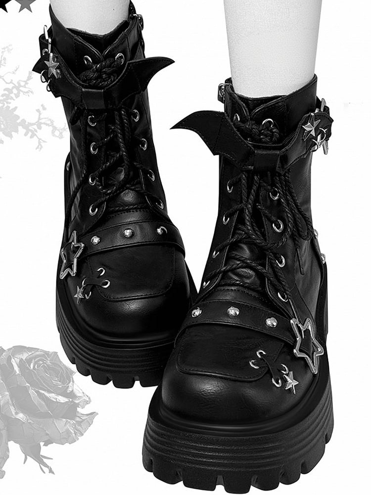 Black Star Buckle Straps Bat Wings Y2K Platform Ankle Boots