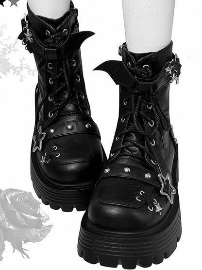 Black Star Buckle Straps Bat Wings Y2K Platform Ankle Boots