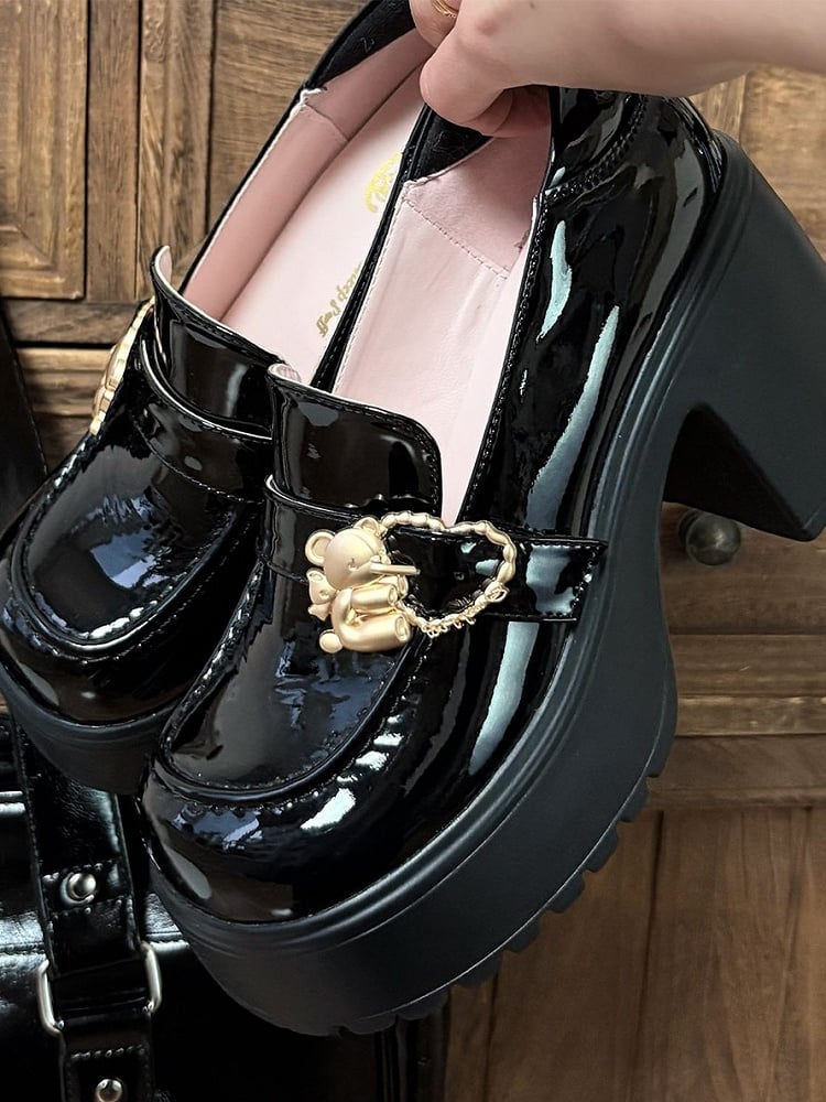 Polished Black Hugging Bear Heart Buckles Platform High Block Heels Slipons