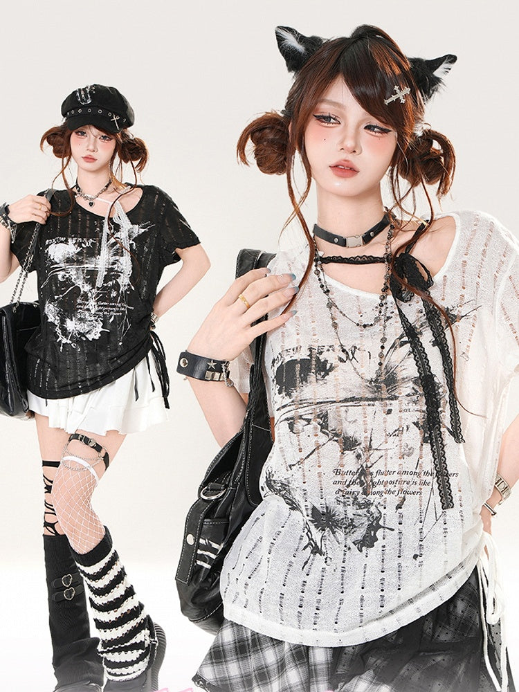 Self-tie Straps Neckline Butterfly Print Black/White Distressed Holes T-shirt