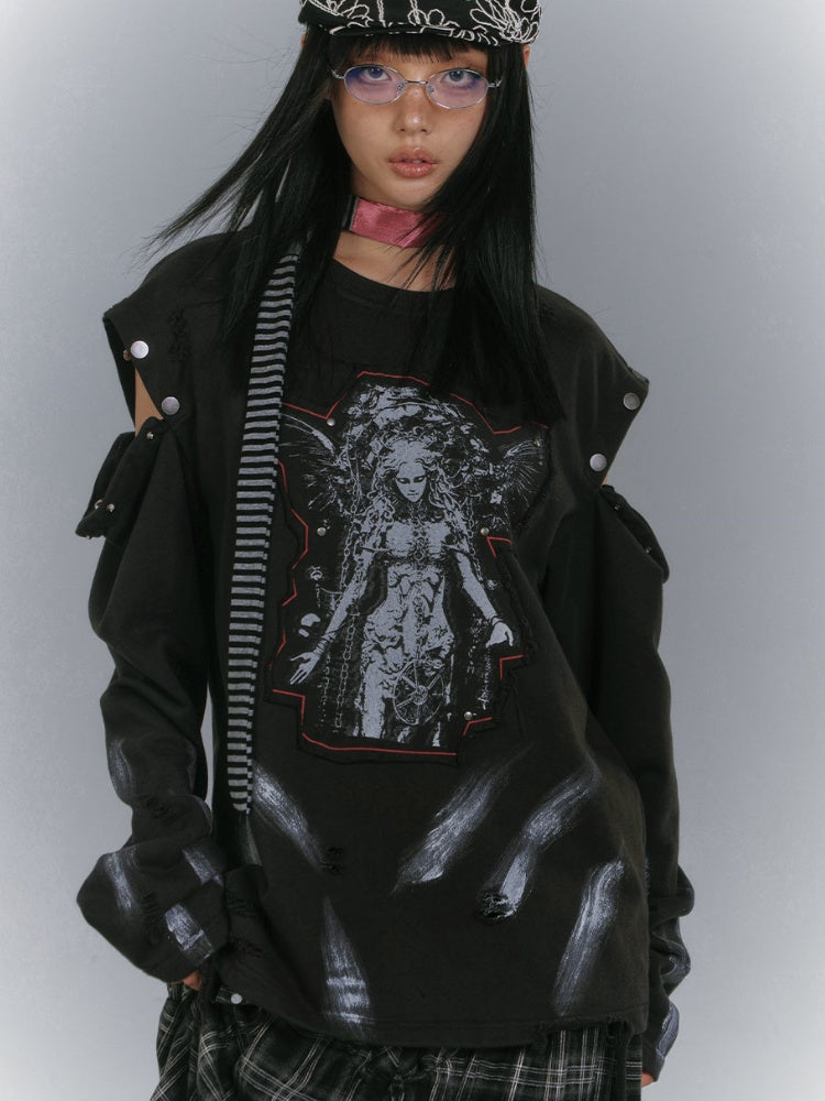 Applique Design Black Cutout Shoulder Faded Wash Distressed Sweatshirt