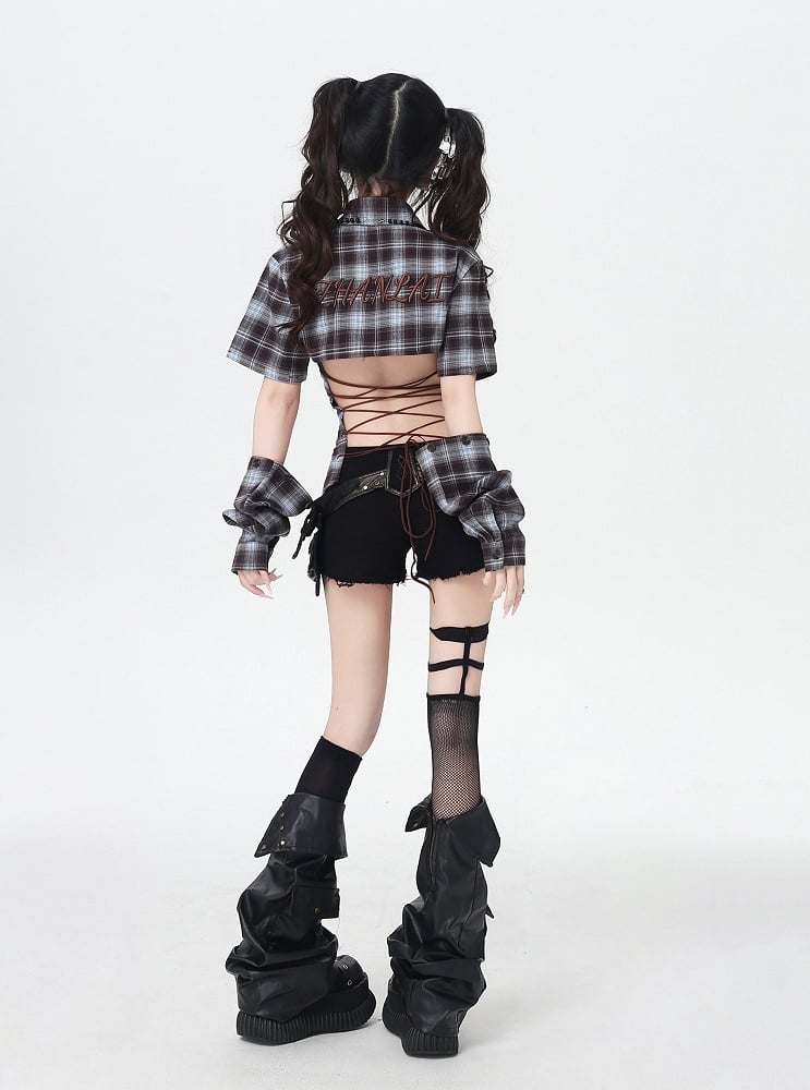 Blue and Brown Plaid Lace-up Back Backless Shirt with Detachable Armwears