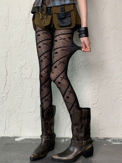 Black Punk Bittersweet Cross And Heart Print Striped Pattern Tights