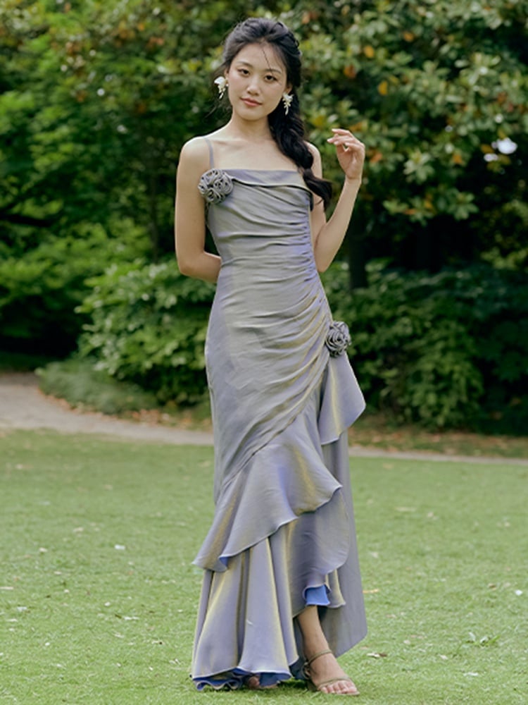 Purple Floral Mermaid Skirt Flounce Hem Summer Cami Dress