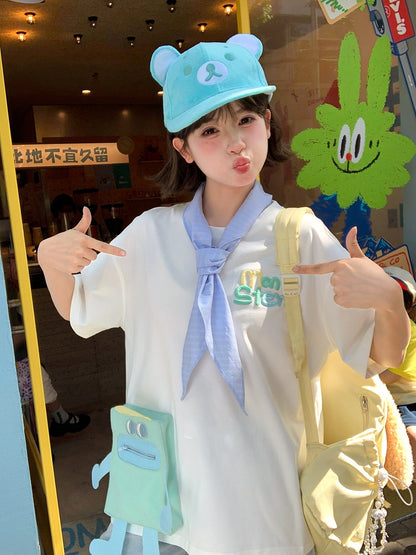 Blue/Pink Cartoon Pocket White Round Neck Loose T-shirt