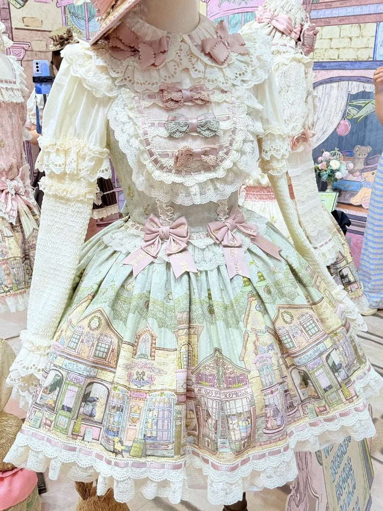 Green Flutter Sleeves Sweet Lolita JSK Dress with Fairytale Town Print and Bow Accents