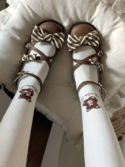 Brown Striped Pattern Bow at Top Crisscross Design Heart Buckles Lolita Shoes