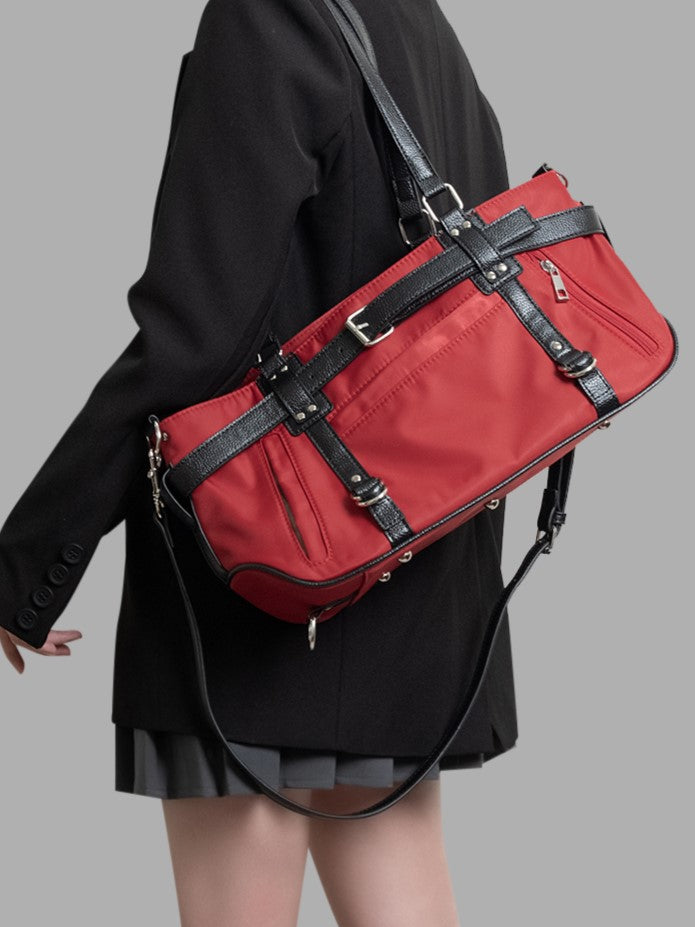 Charming Red Medium-Sized Tote Bag with Sweet and Edgy Belt Accents