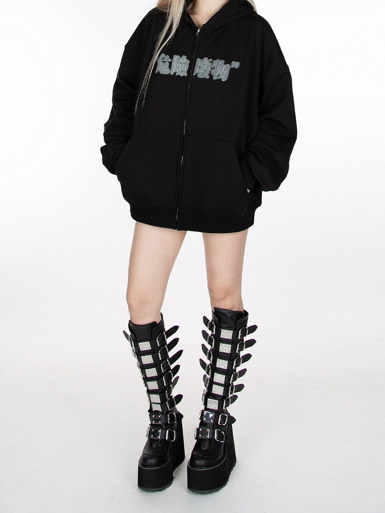 Black Zip Closure Graphic Hoodie