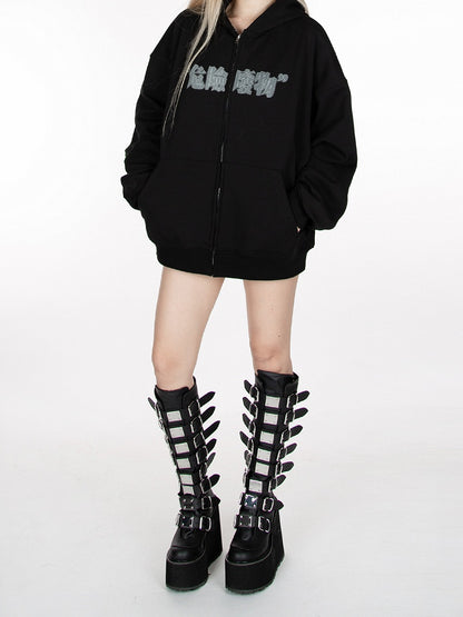 Black Zip Closure Graphic Hoodie