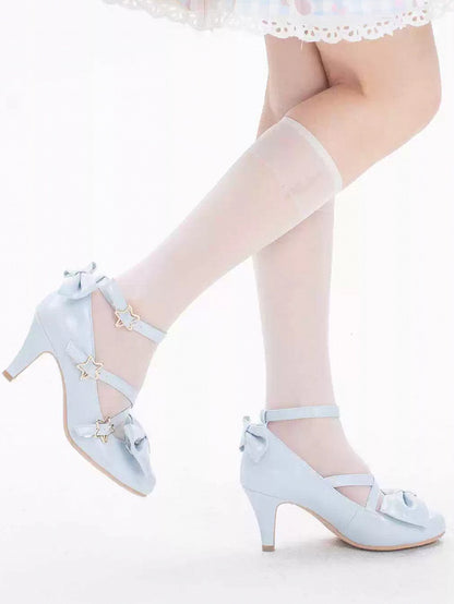 Blue Bow at Top Star Buckle Straps High Heels