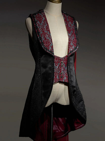 Clearance-Black and Red Prince Outfit Ouji Lolita Full Set -Size M for Bust 98CM Black Long Sleeves Shirt + Waist 74CM Waistcoat + Waist 70-74CM Black Pants