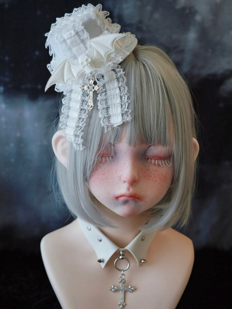 White Gothic Bat Wing Skeleton Cross Lace Trim Hat Hairclip