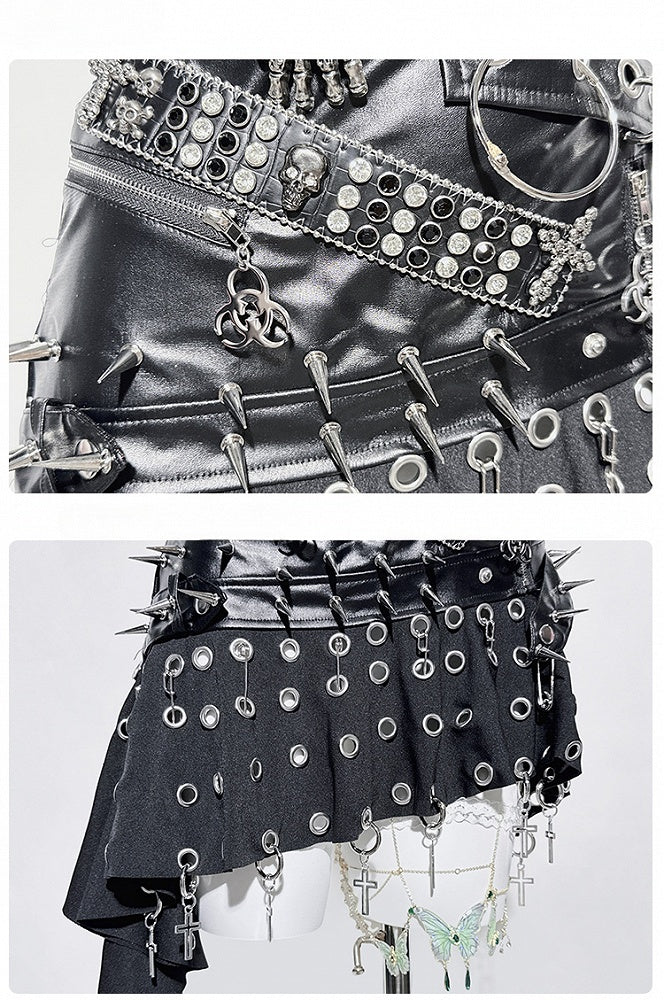 Punk Black Ring Cross Studs Asymmetrical Hem PU Skirt