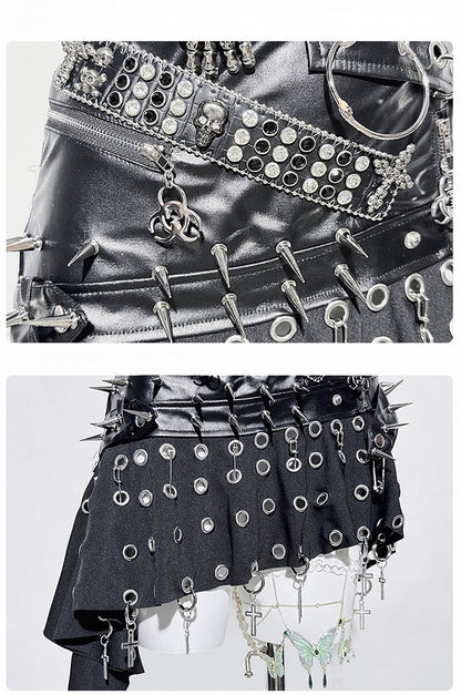 Punk Black Ring Cross Studs Asymmetrical Hem PU Skirt