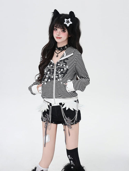 Black and White Stripes Star and Letter Print Zip-up Jacket