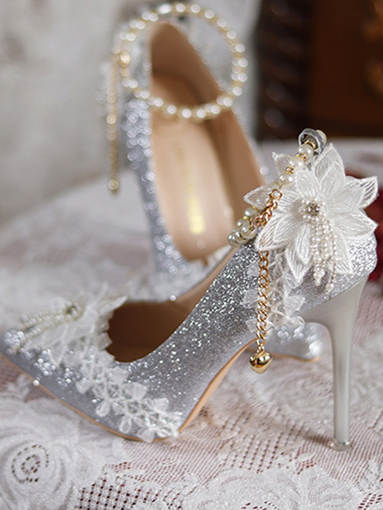Silver Glittering Floral Detachable Beaded Chain 7CM/9CM Hime Lolita High Heels