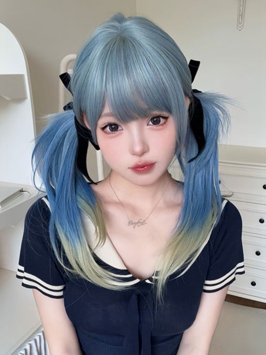 Blue Ombre Hair Color 65CM Length Hime Cut Straight Wig With Air Bangs