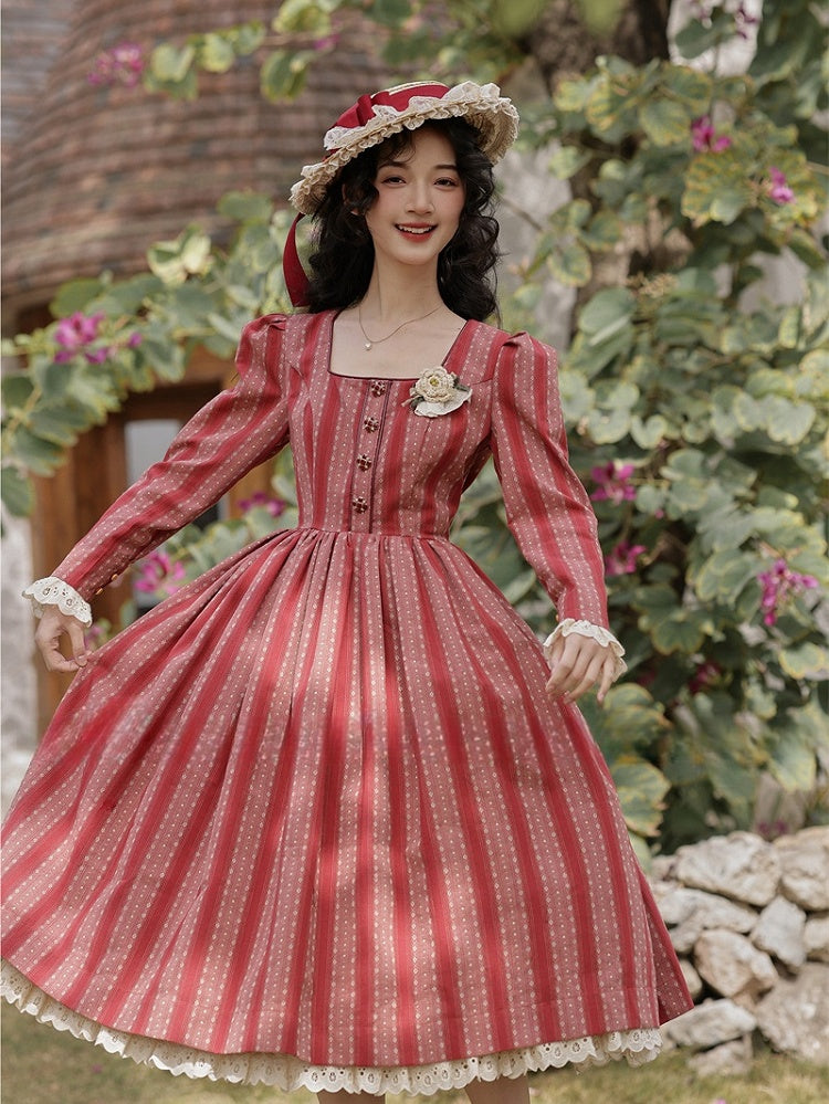 Red Vintage Striped Pattern Lace Trim Square Neckline Dress