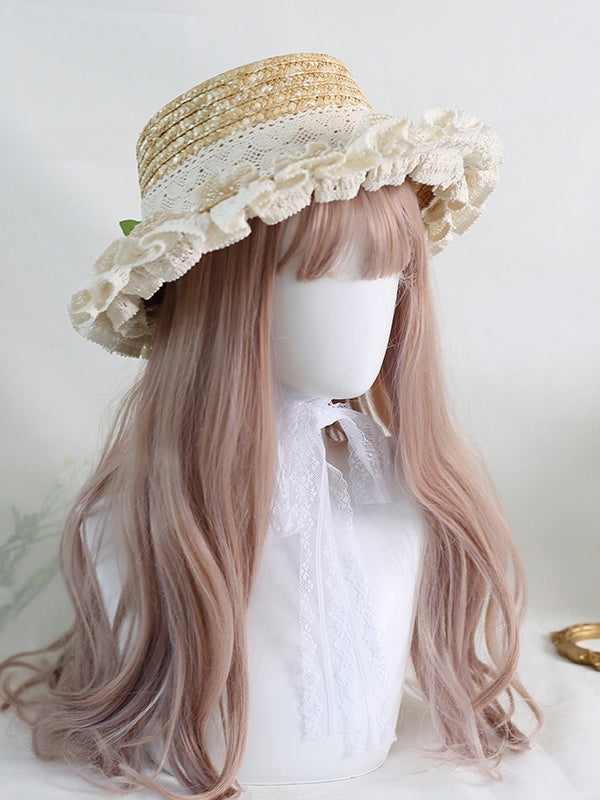 Country Lolita Tulip Lace Trim Straw Hat with Green Bowknot Ribbons