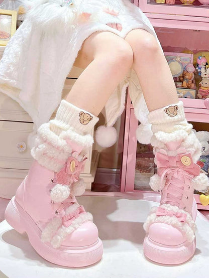 PU Pink Sweet Lolita Platform Snow Boots - Plush Lining with Bear Ear Accents & Bow Details