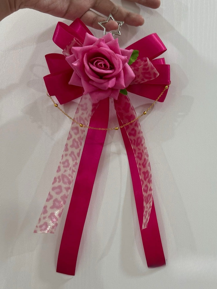 Rose Red Floral Design Chain Charm Bowknot Hairclip/Keychain