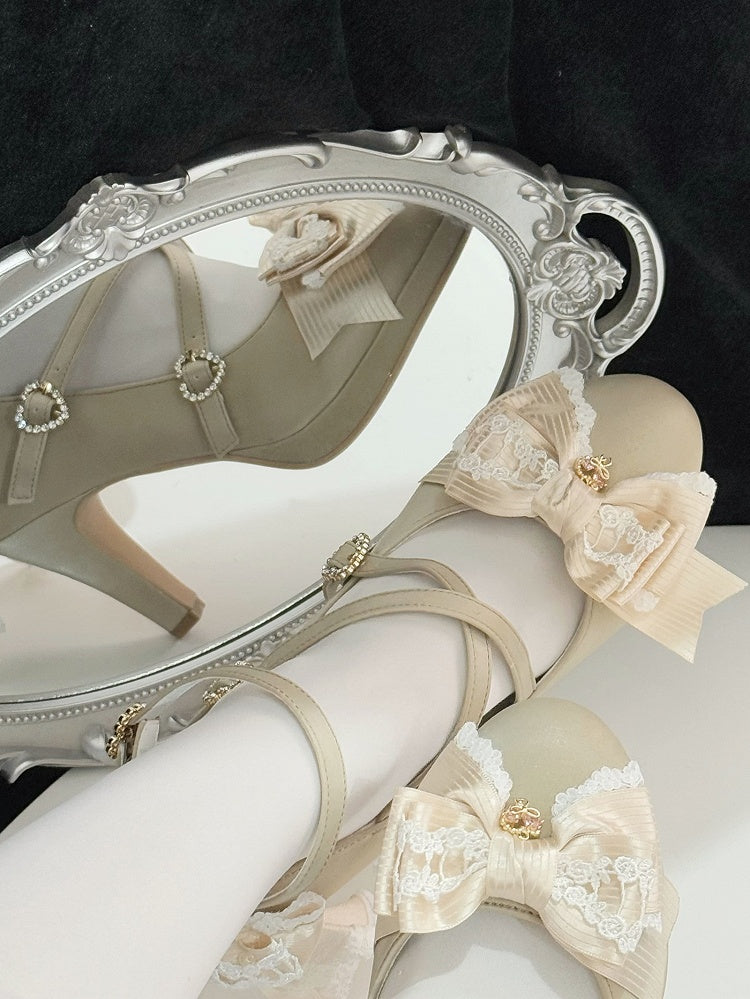 Gold Crisscross Design Heart Buckle Bow at Top High Heels