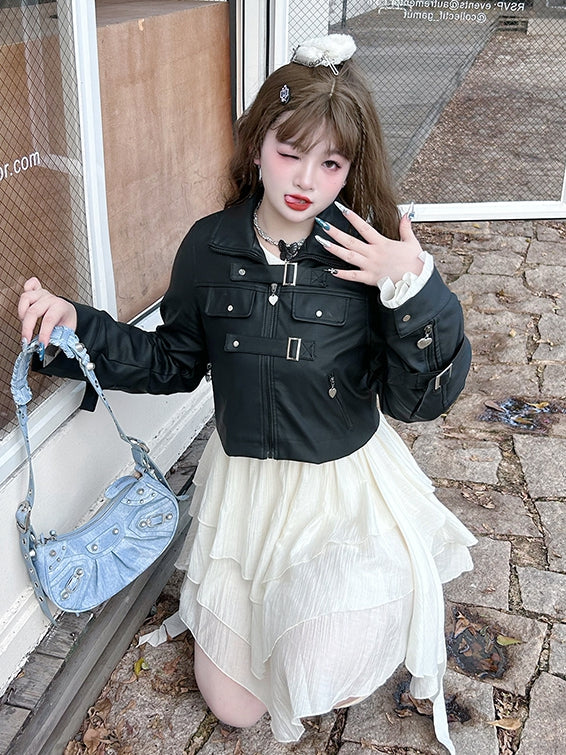 Plus Size - Black Buckles Decorated PU Jacket