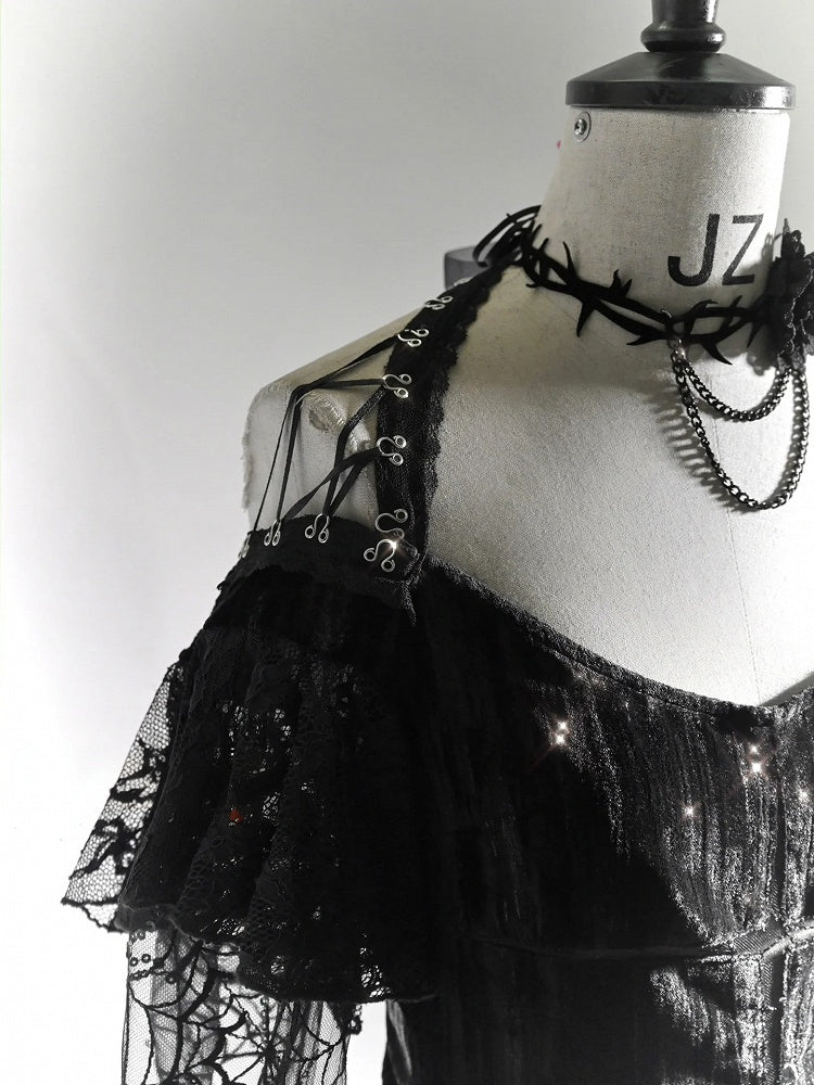 Halloween Gothic Black Cropped Velvet Top Bishop Lace Sleeves