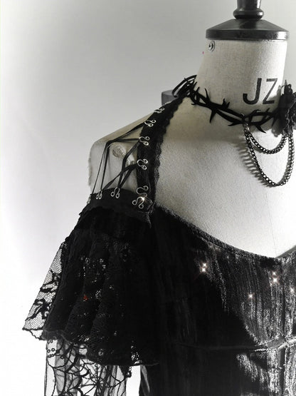 Halloween Gothic Black Cropped Velvet Top Bishop Lace Sleeves