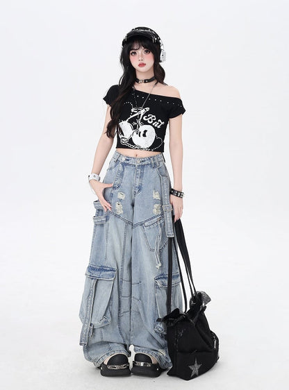 Blue Low Rise Distressed Holes Wide-leg Cargo Jeans