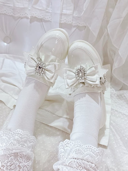 PU Leather Polished White Jirai Kei 7.5cm High Heels with Rhinestone Bead Bow, Ruffles Edging & Slip-On Comfort