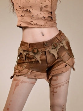 Brown Distressed Low Waist Wasteland Punk Shorts with Chain Accents