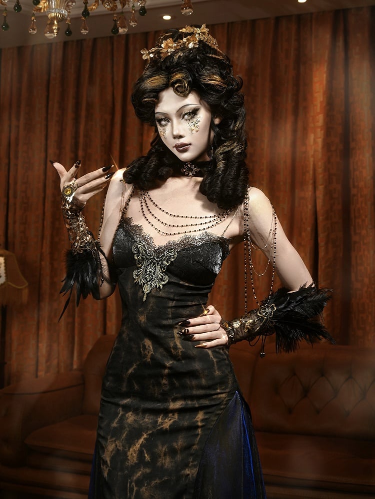 Black and Gold V-neck Slimming Slip Dress