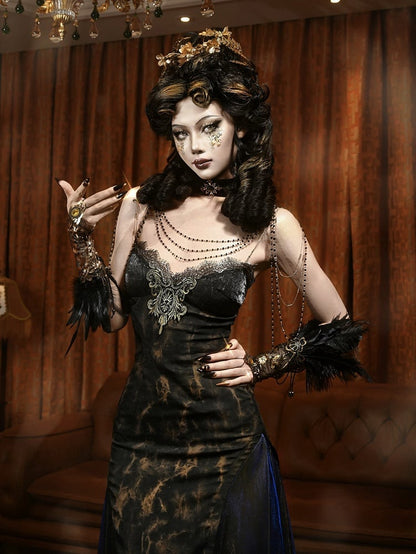 Black and Gold V-neck Slimming Slip Dress