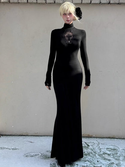 Gothic Black Coffin Cutout Cross Details High Neck Mermaid Skirt Maxi Dress